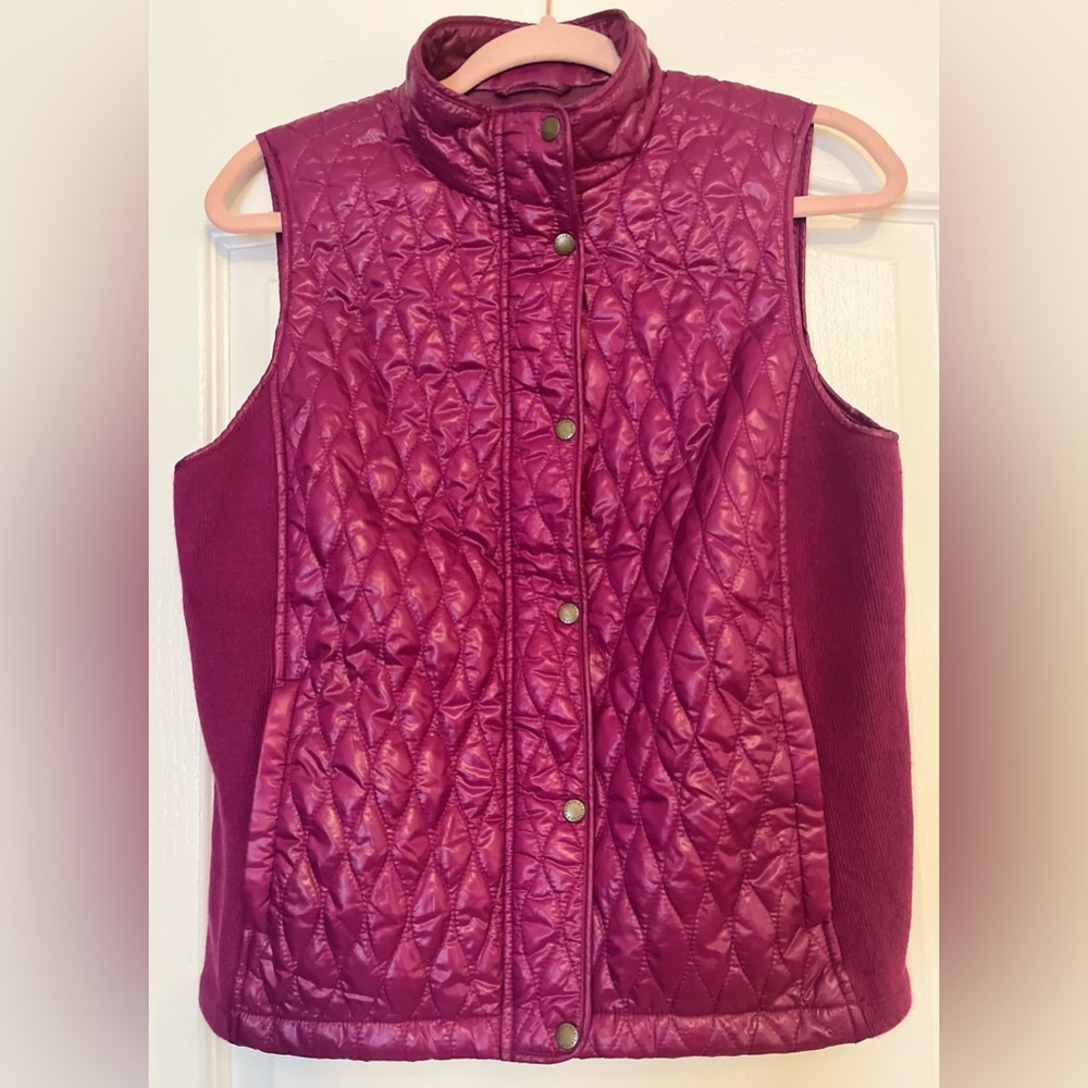 TALBOTS PETITES Pink/Purple Quilted Vest Knit Side Panels Medium Petite